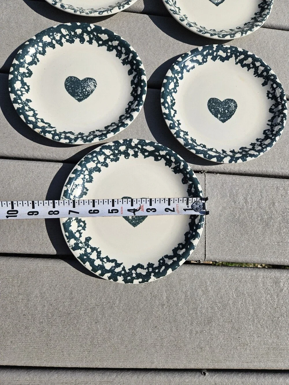 Farmhouse Folk Craft Hearts Tienshan Set of 5 Green Spongeware Salad Plates 7.75